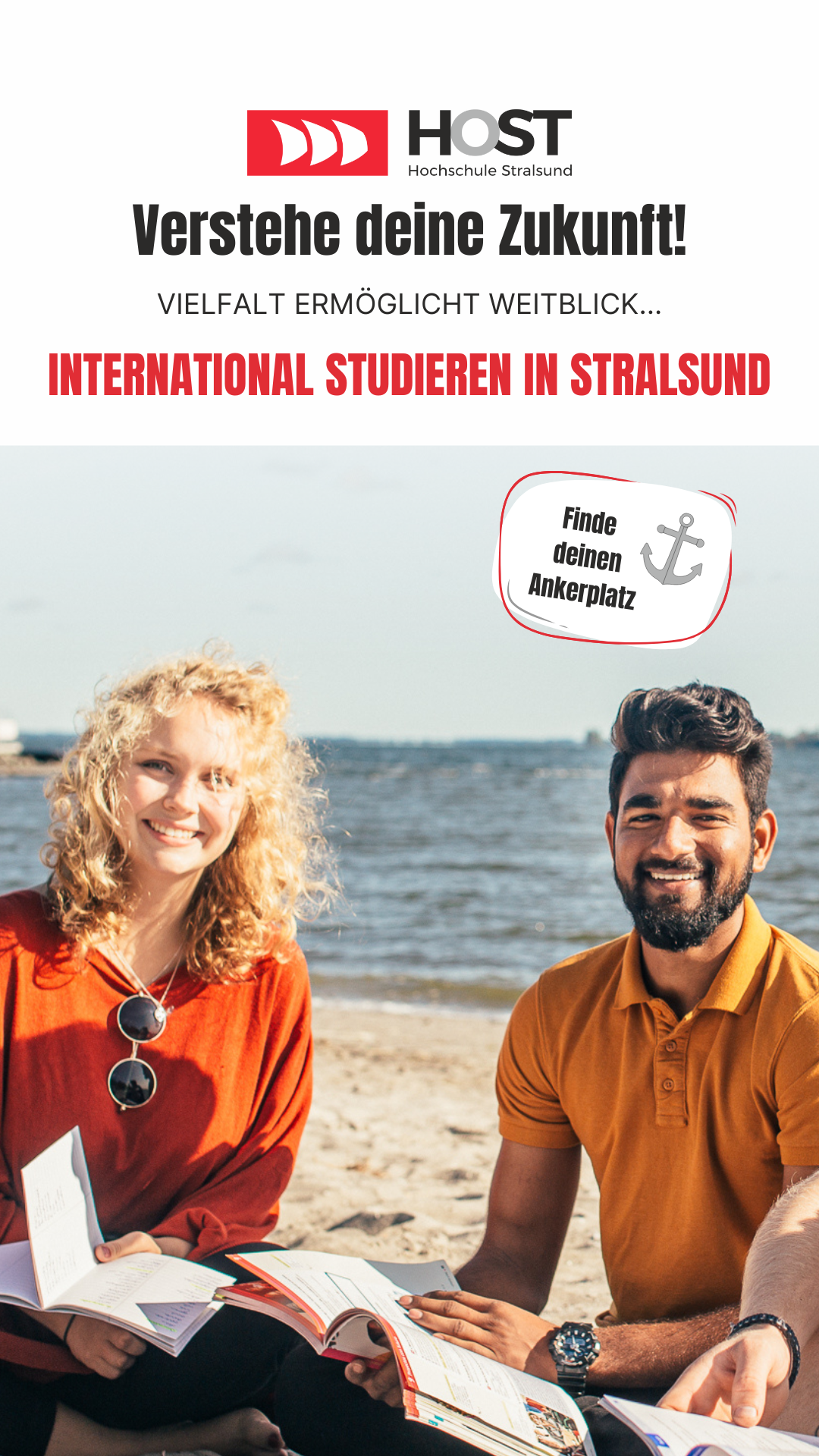 Two students, female and male, are sitting on the beach near campus studying for the next exam.