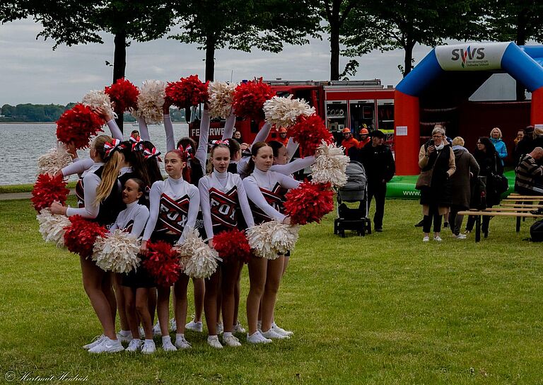 Cheerleader auf einer Wiese, die Pompoms in die Höhe haltend