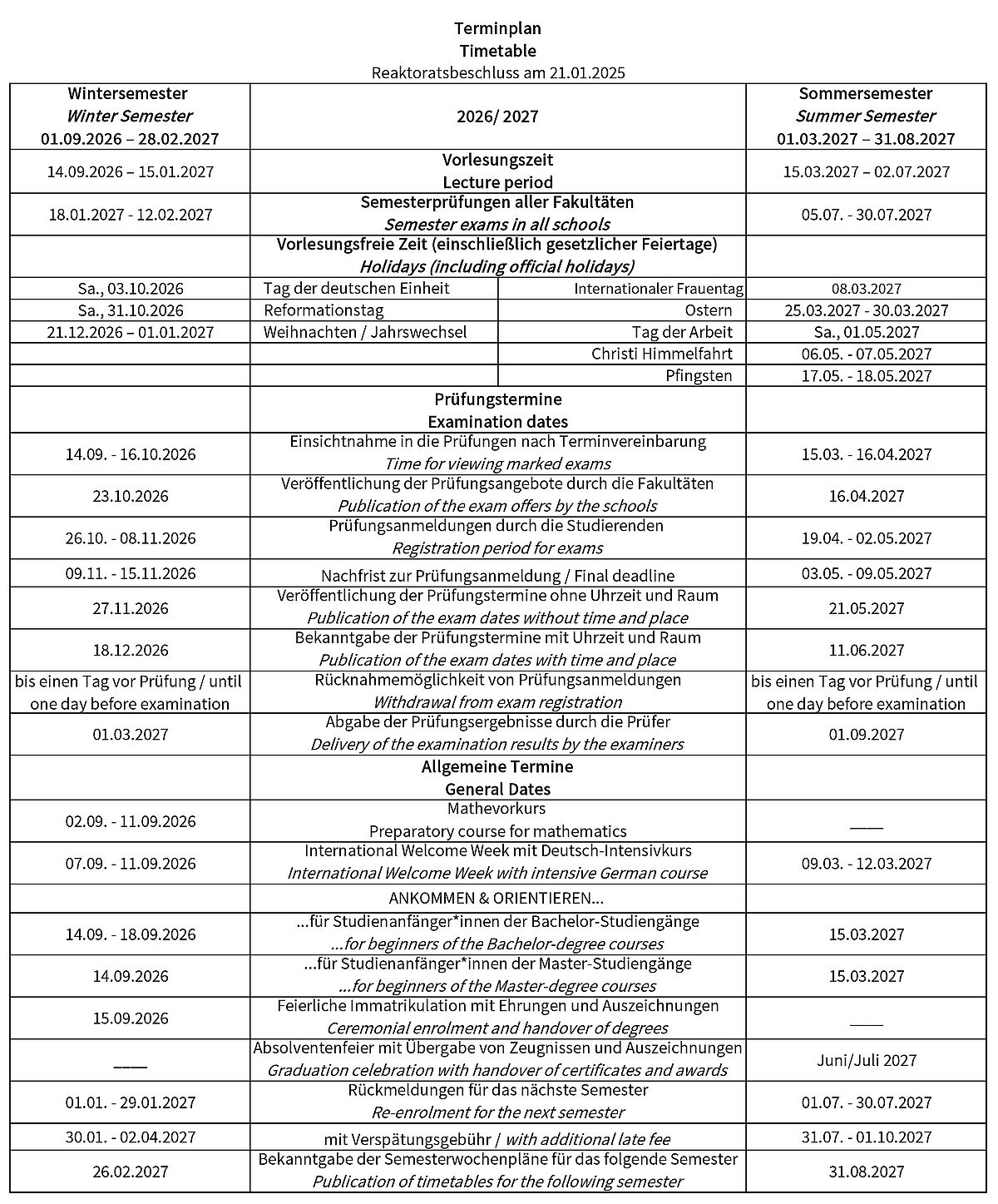 Schedule for the academic year 2026-27 Status 2025-01-21