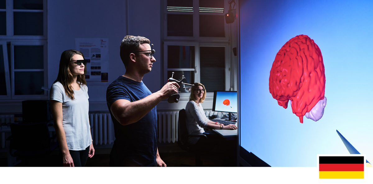 Headerfoto: Studierende vor einem sehr großen Monitor mit VR Brillen um sich ein Gehirn im 3D Modus anzuschauen