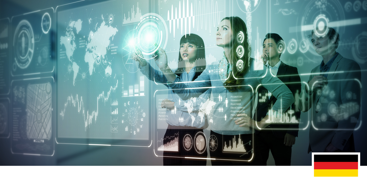 Headerfoto: Menschen vor einer digitalen Wand mit verschiedenen Grafiken