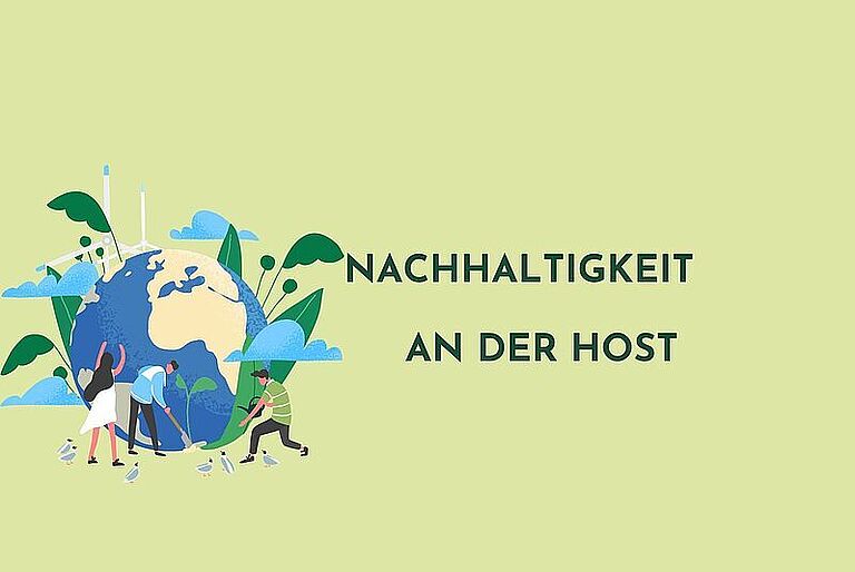 auf grünem Grund mit der Illustration einer Weltkugel steht "Nachhaltigkeit an der HOST"